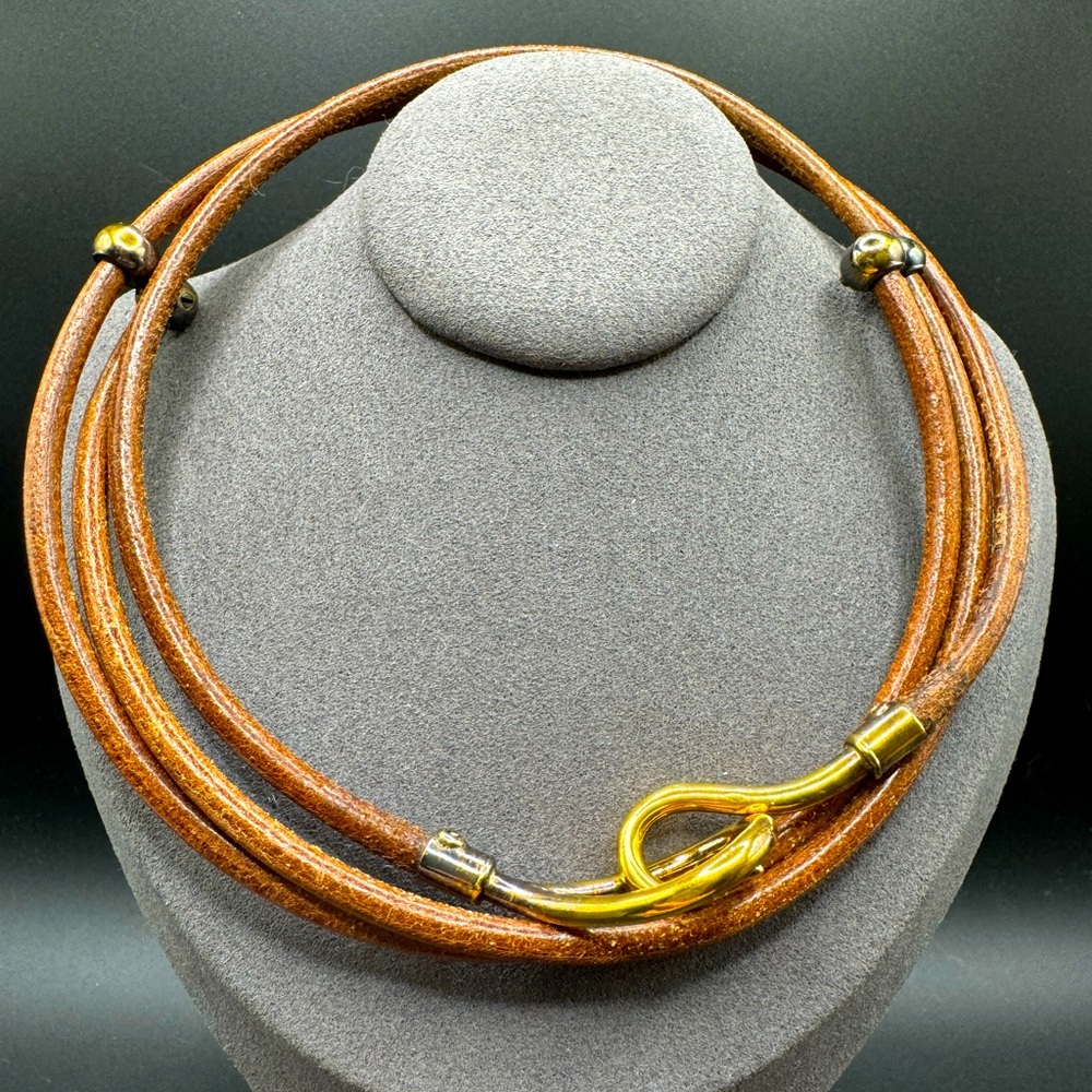 Hermes Brown Leather Multi-Strand Necklace with Gold Hook Clasp